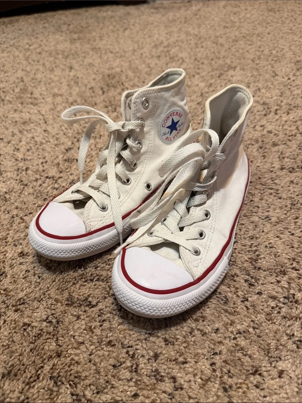 Converse Kids High-Top Canvas Sneakers in White with Red Trim